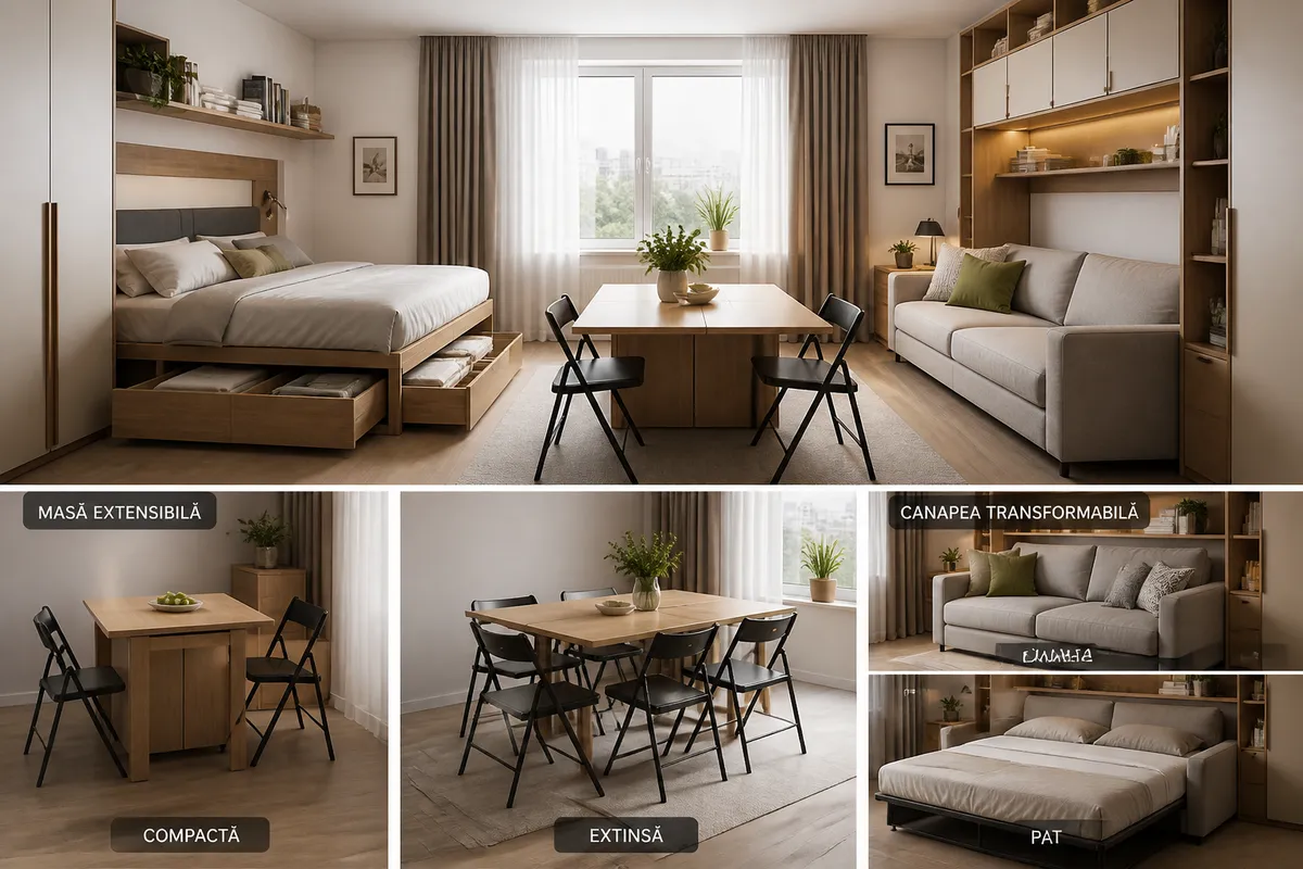 mobilier multifuncțional apartament mic pat cu sertare masă extensibilă