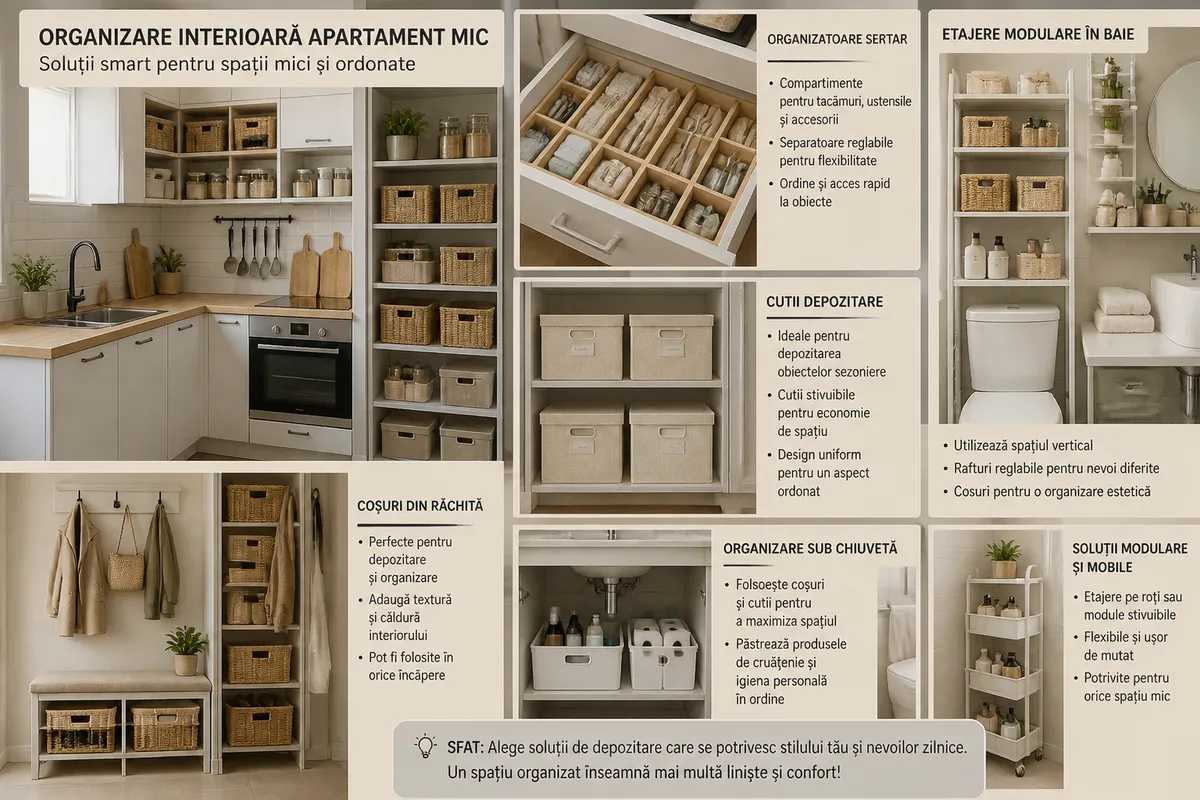 soluții organizare apartament mic bucătărie baie hol depozitare eficientă
