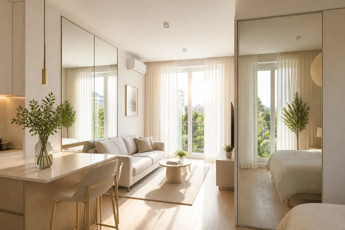 trucuri vizuale apartament mic oglinzi culori deschise spațiu mai mare