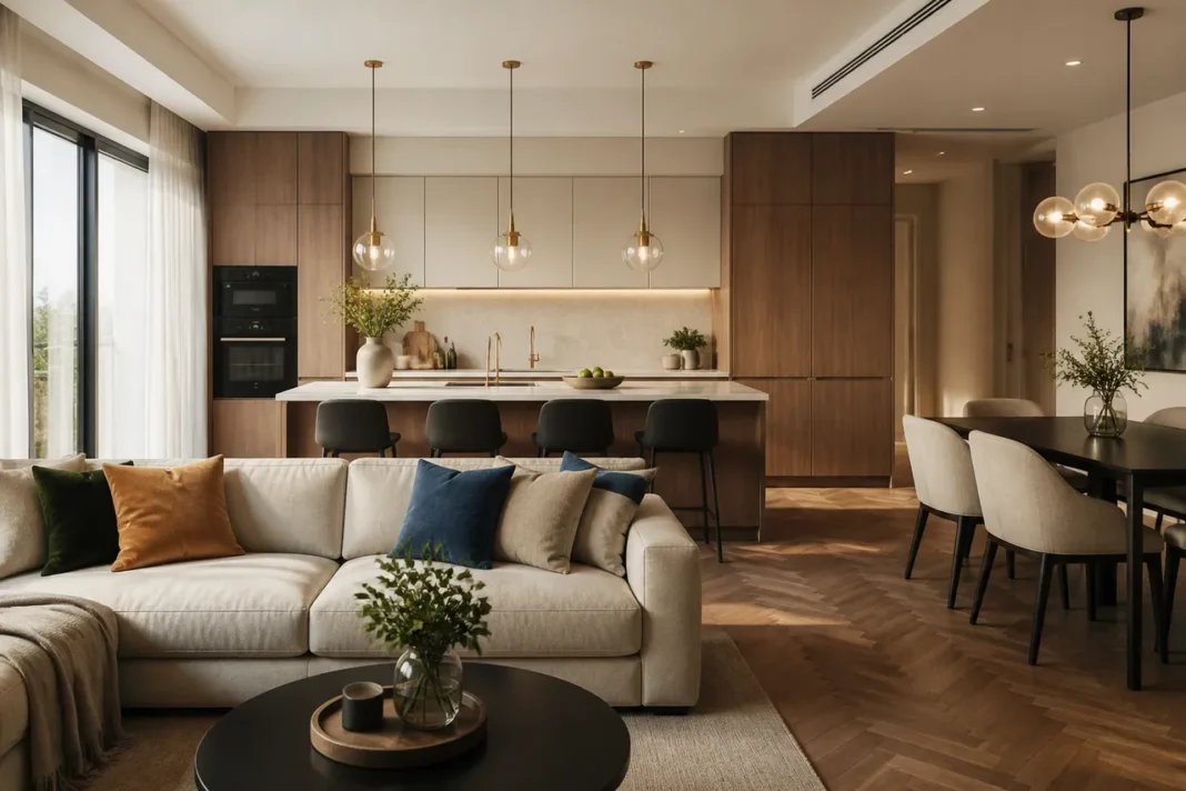 Bucătăria și livingul fără bariere vizuale prin mobilier pardoseală și lumină