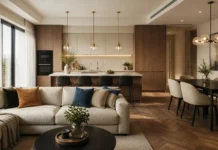 Bucătăria și livingul fără bariere vizuale prin mobilier pardoseală și lumină Bucătăria și livingul fără bariere vizuale prin mobilier pardoseală și lumină