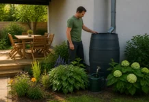Butoiul de apă pluvială lângă terasă pentru o grădină mai ușor de întreținut Butoiul de apă pluvială lângă terasă pentru o grădină mai ușor de întreținut