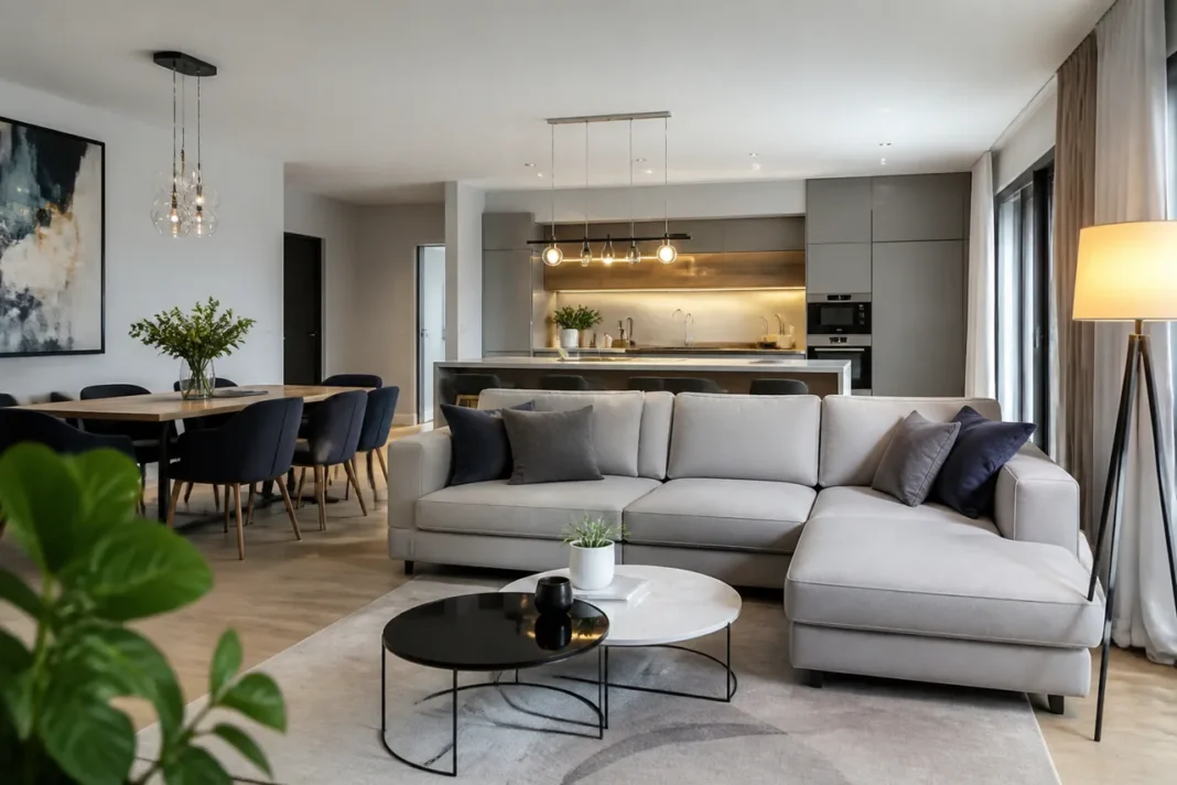 Iluminatul stratificat în livingul open space care delimitează elegant fiecare zonă