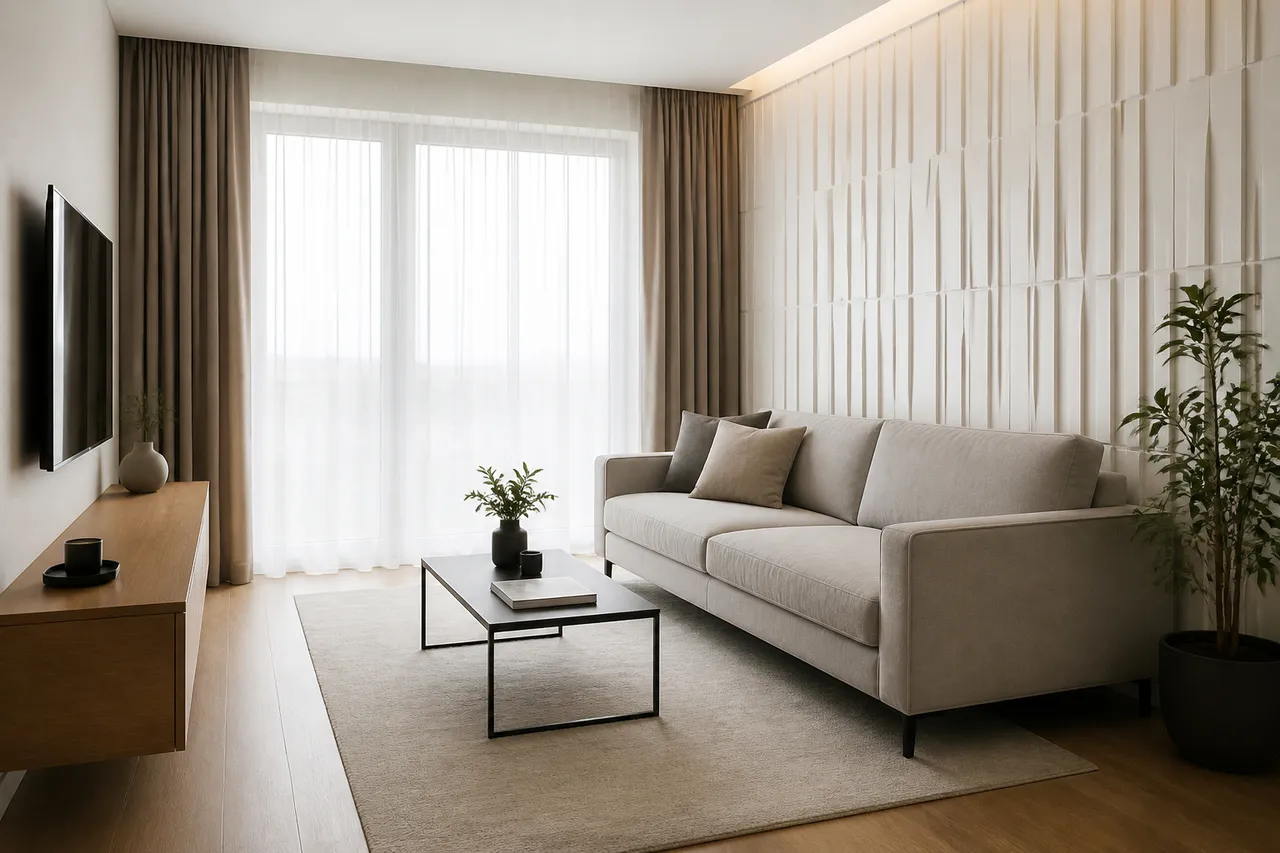 living mic cu panouri 3D și decor minimalist