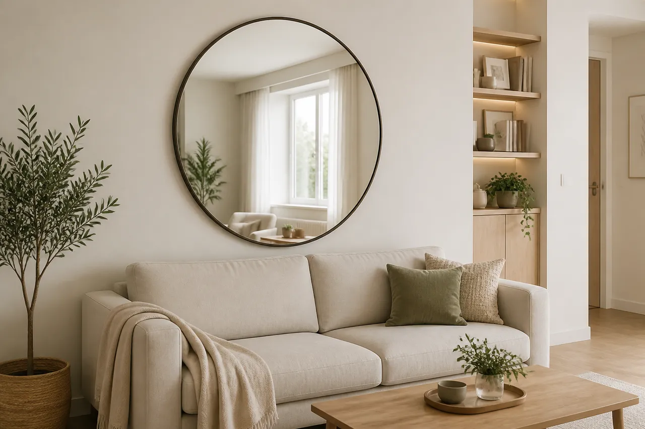 oglindă decorativă într-o cameră mică care amplifică lumina și profunzimea