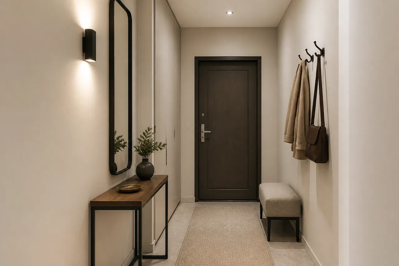 oglindă decorativă verticală într-un hol mic și luminos