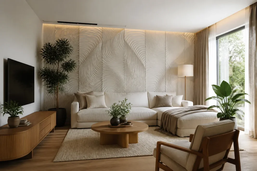 Panourile 3D pentru pereții livingului între efect decorativ și echilibru vizual