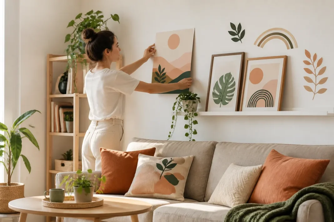 Pereți decorați fără găuri permanente prin soluții reversibile și ușor de schimbat