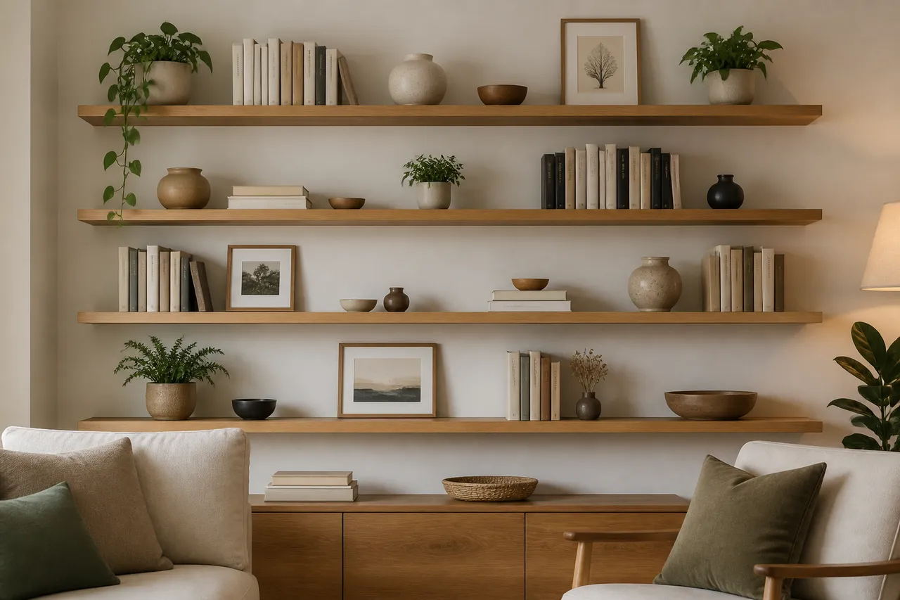 rafturi deschise din lemn pentru decorarea livingului