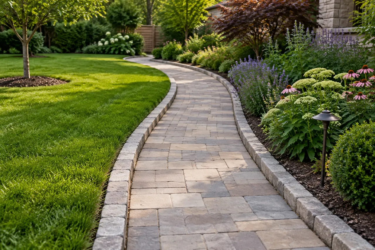 borduri decorative pentru alei de grădină lângă gazon și plante