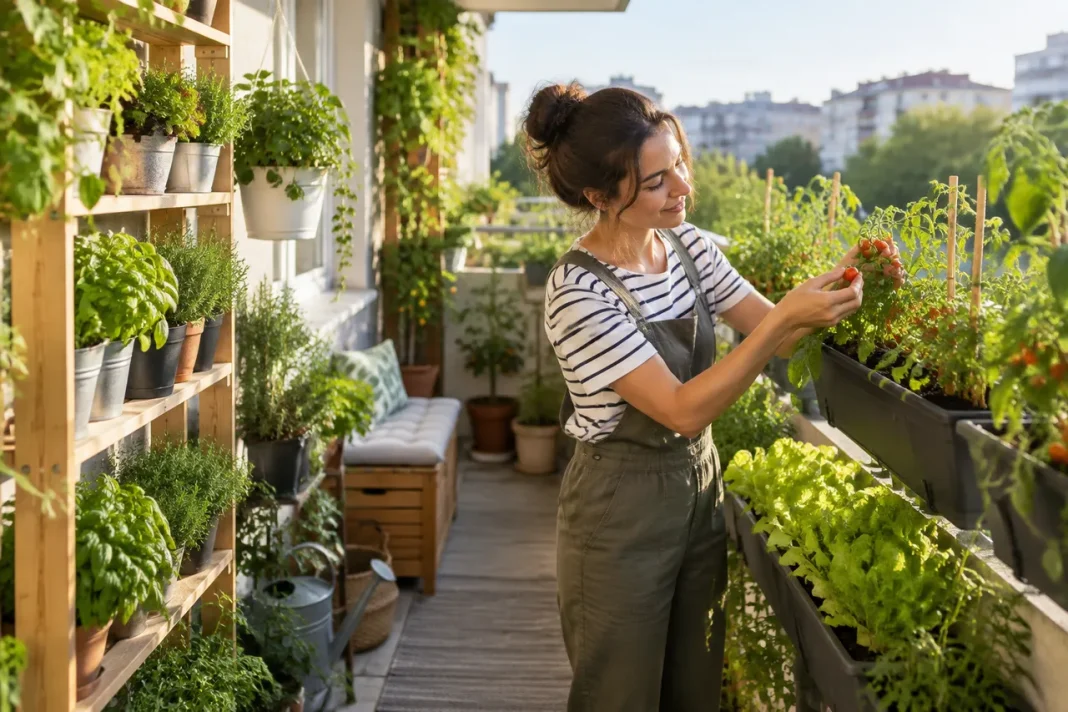 Grădina comestibilă pe balcon îngust cu plante productive și organizare verticală