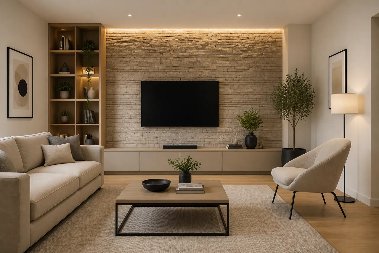 piatră decorativă folosită ca accent în living