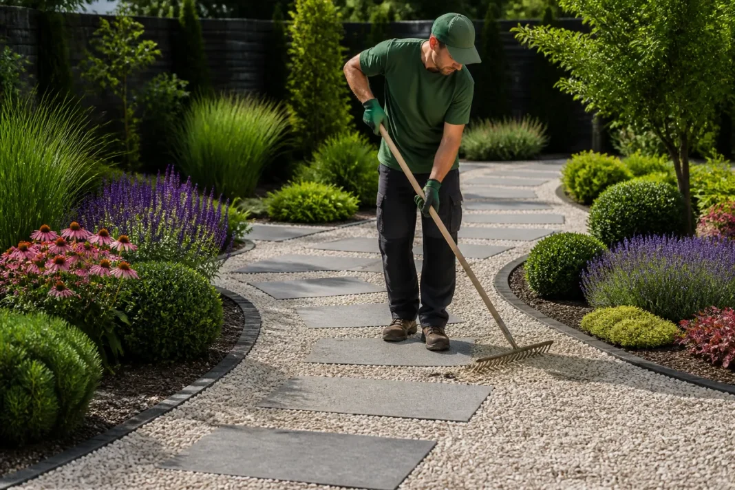 Pietrișul decorativ între dale și plante pentru o curte ordonată și ușor de întreținut