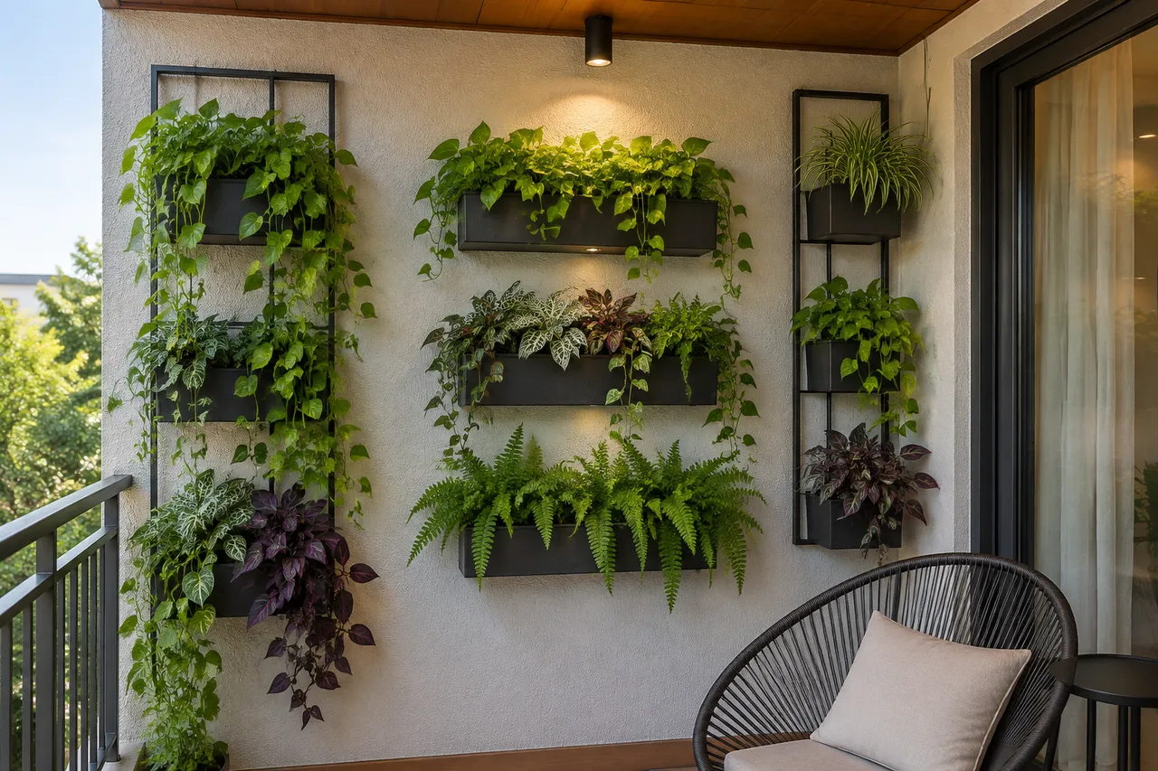 plante și accesorii pe peretele terasei
