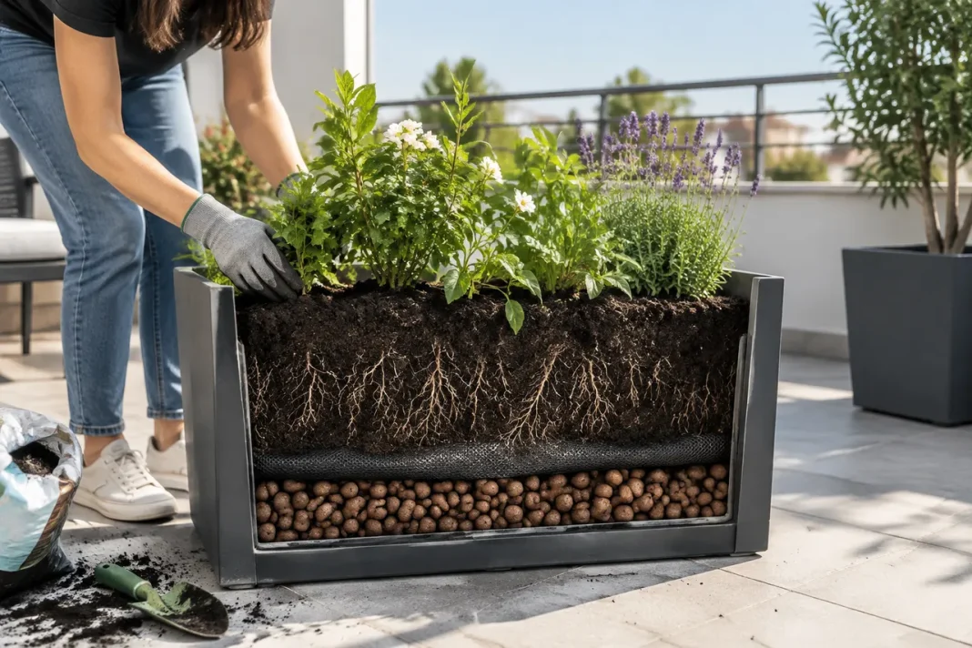 Drenajul corect al jardinierelor mari protejează rădăcinile și structura terasei