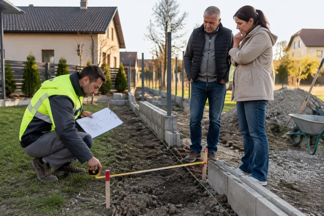 Gardul dintre proprietăți începe cu hotarul și fundația amplasată corect Gardul dintre proprietăți începe cu hotarul și fundația amplasată corect