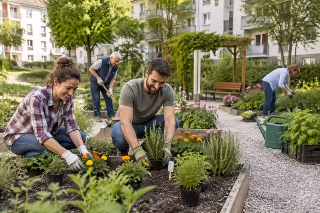 Grădina comună dintre blocuri rămâne ordonată prin reguli clare și plante rezistente Grădina comună dintre blocuri rămâne ordonată prin reguli clare și plante rezistente