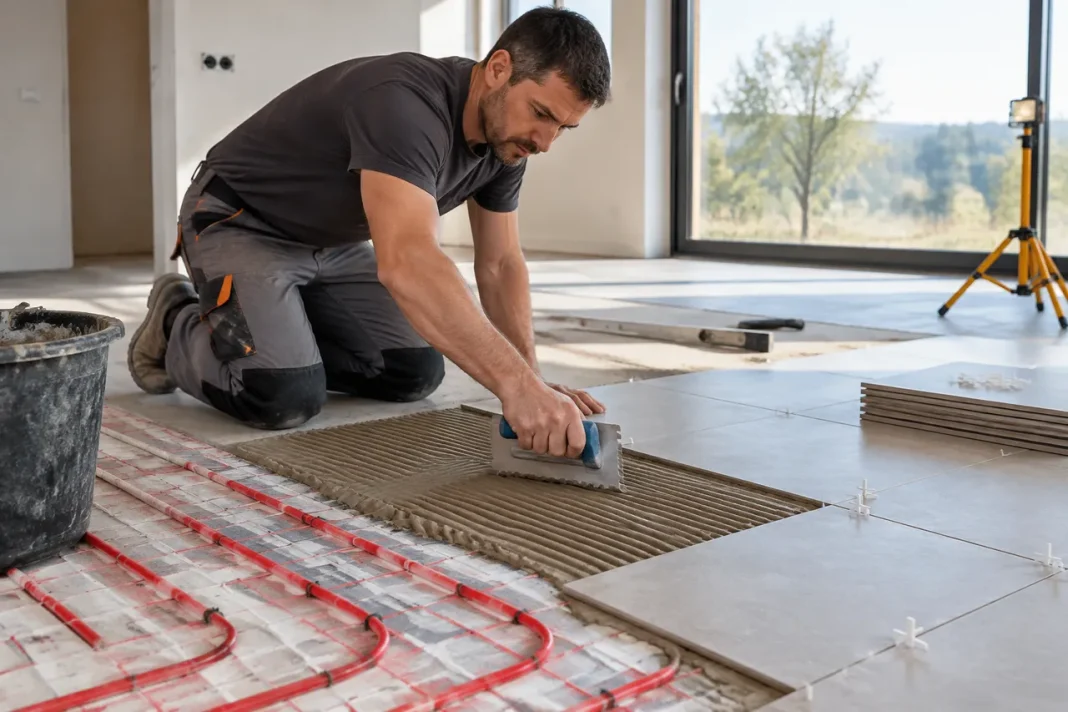Pardoseala încălzită cu plăci ceramice începe de la șapa corect pregătită Pardoseala încălzită cu plăci ceramice începe de la șapa corect pregătită