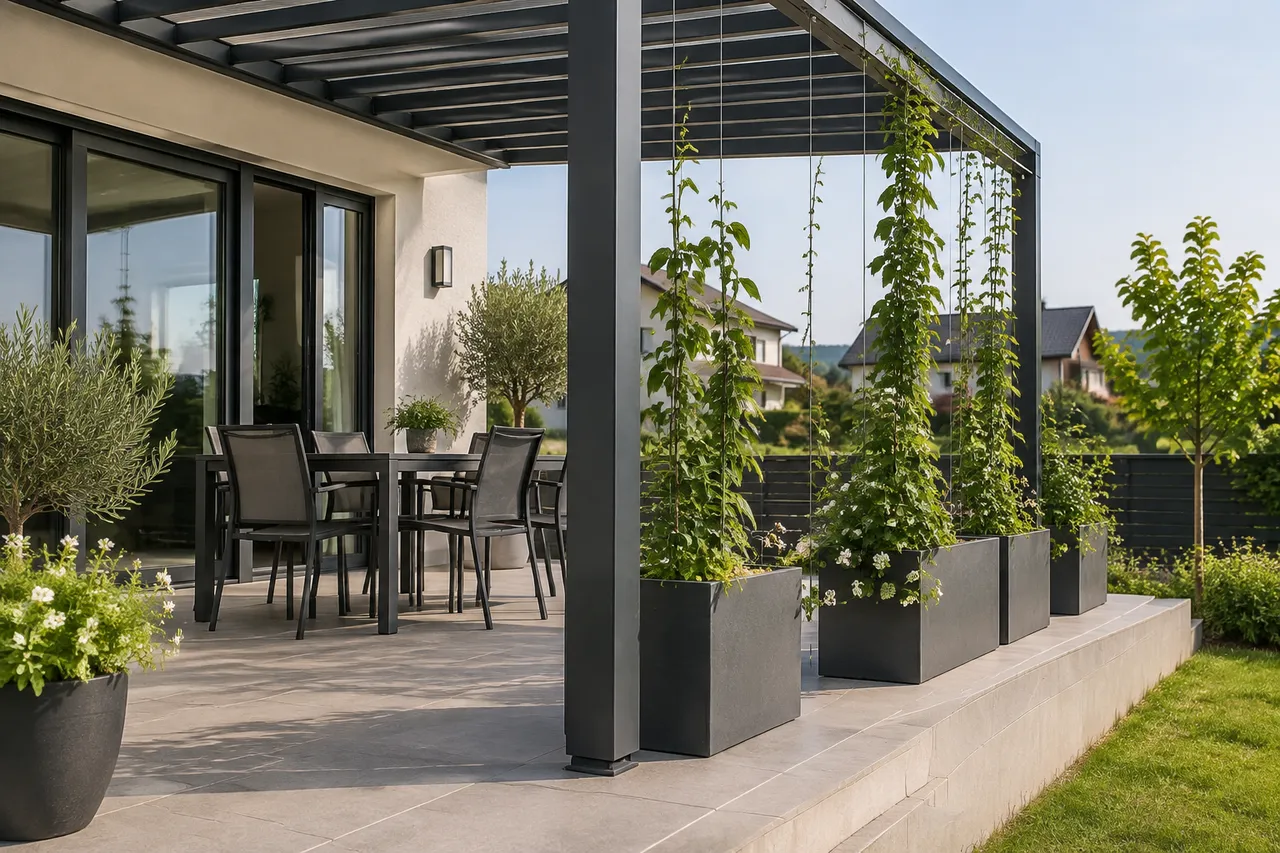 umbrar cu plante cățărătoare pe terasă și structură sigură